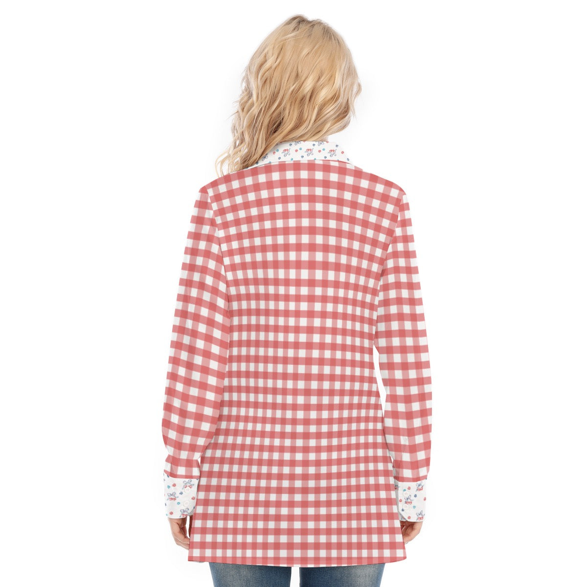 Red & White Gingham with Floral & Cherry Details Women’s Exclusive Design Long Button Up Shirt