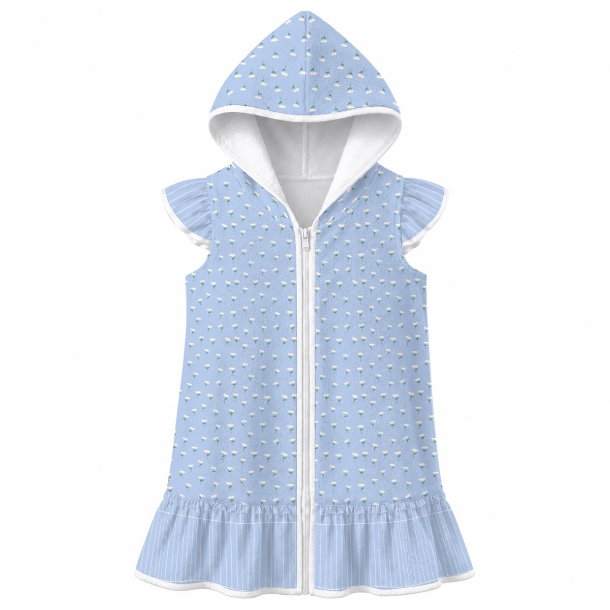 blue ruffled patchwork swim coverup with hood for girls coordinating bathing suit available