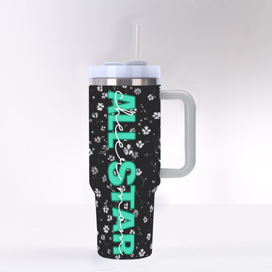 All Star Cheer Mom Black &amp; White Floral Tumbler Turquoise Print