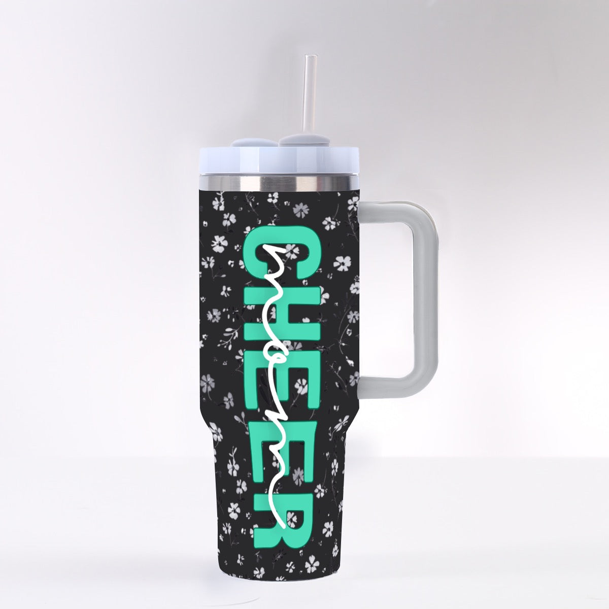 Cheer Mom Black &amp; White Floral 40 oz Tumbler with Turquoise Print