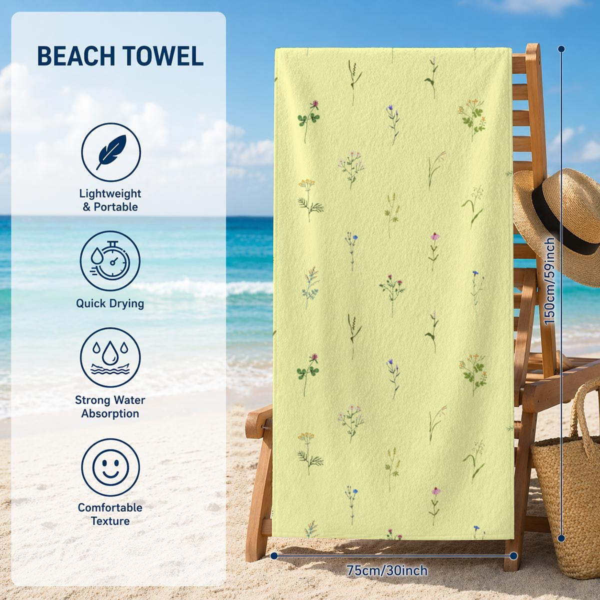Yellow Dainty Flowers Beach Towel 29.5” x 59.1”