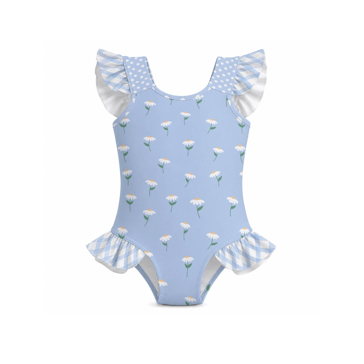 Blue Ruffled Patchwork Girls Swimwear with Bow blue floral blue polka dots blue gingham blue pinstripe coordinating cover up available