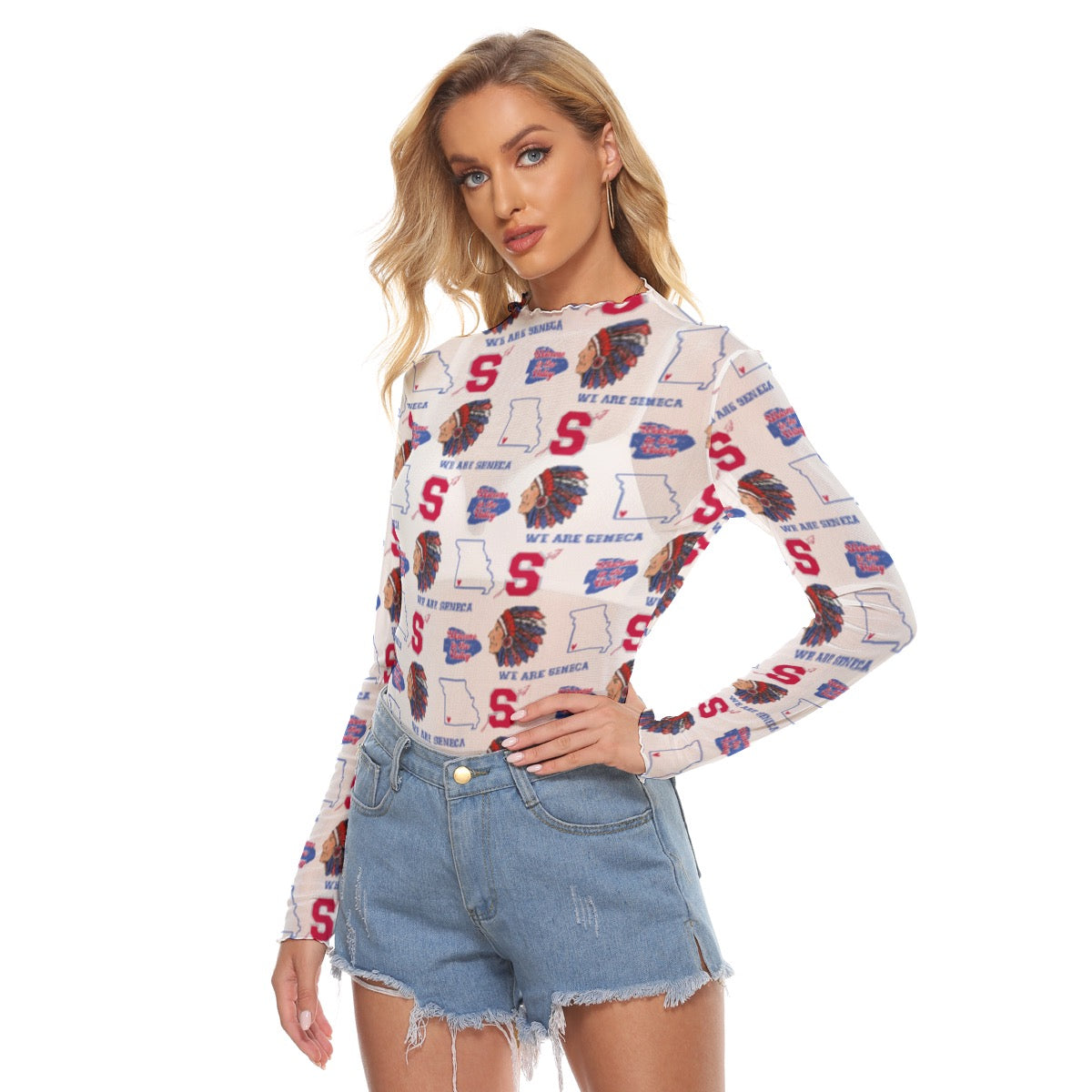 Seneca Indians Seamless ~ SweetPea & Sage Exclusive Design ~All-Over Print Women's Mesh T-shirt