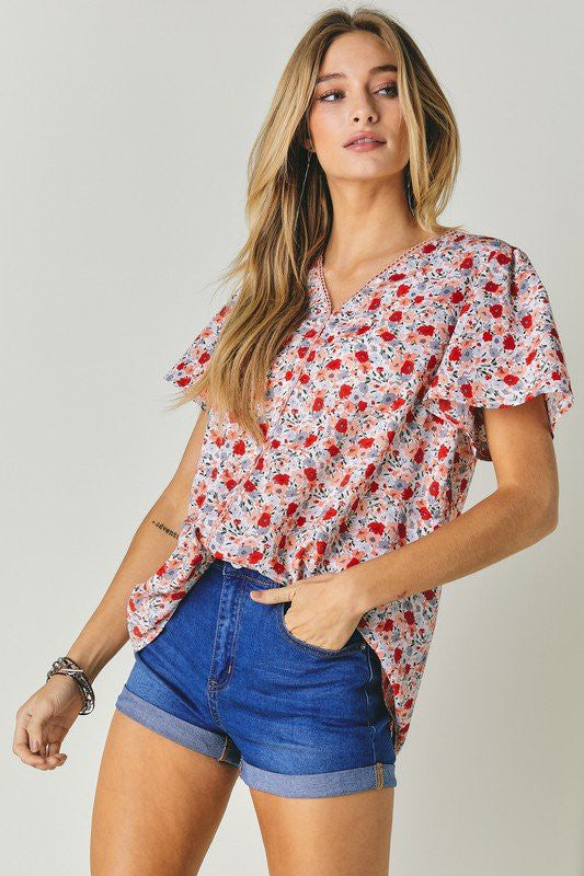 Floral Printed V-Neck Short Sleeve Top