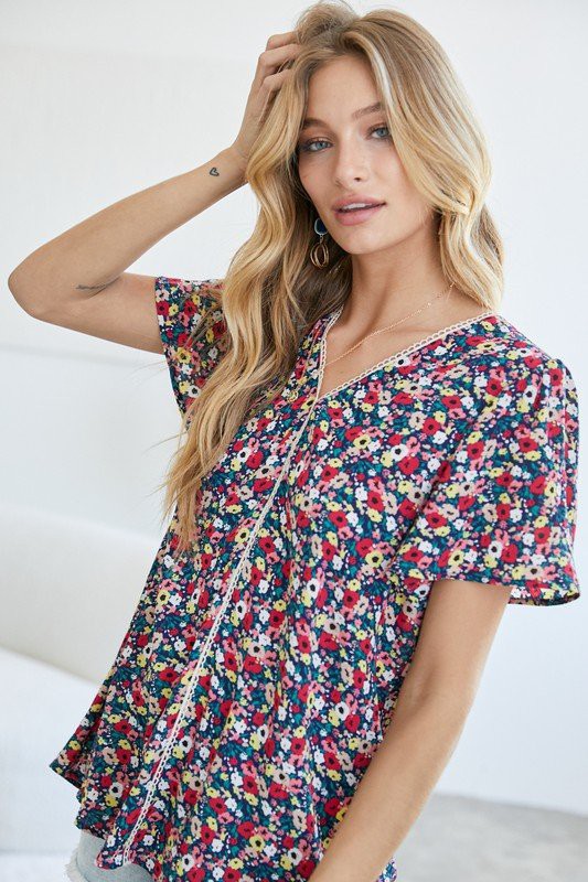 Floral Printed V-Neck Short Sleeve Top