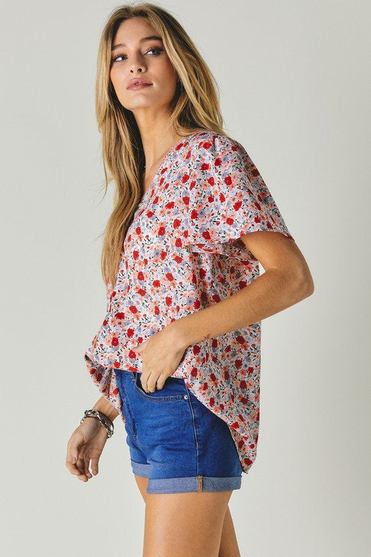 Floral Printed V-Neck Short Sleeve Top