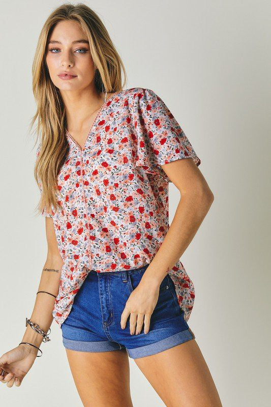 Floral Printed V-Neck Short Sleeve Top