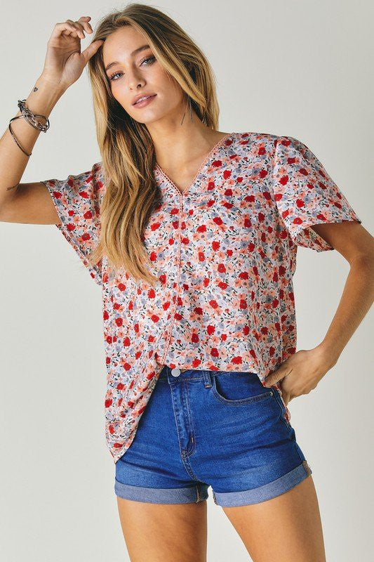 Floral Printed V-Neck Short Sleeve Top