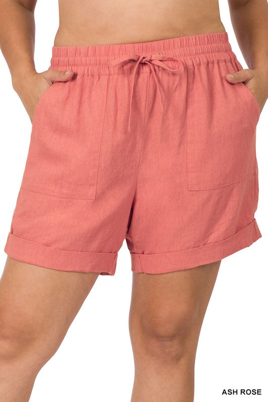 PLUS LINEN DRAWSTRING-WAIST SHORTS WITH POCKETS