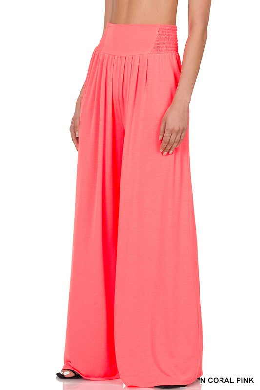 SMOCKED WAIST WIDE LEG PANTS