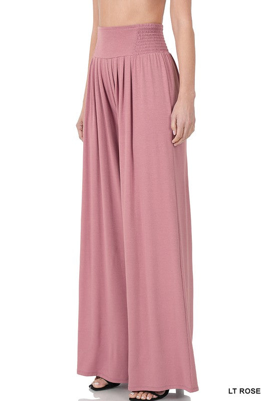 SMOCKED WAIST WIDE LEG PANTS