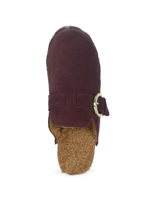 PRUNUS BUCKLED SUEDE ROUND TOE MULE CLOGS