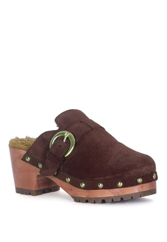 PRUNUS BUCKLED SUEDE ROUND TOE MULE CLOGS