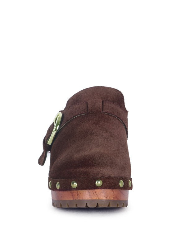 PRUNUS BUCKLED SUEDE ROUND TOE MULE CLOGS