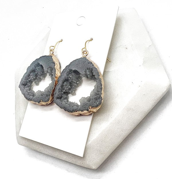 Grey Gray Agate Slice Resin Statement Earrings