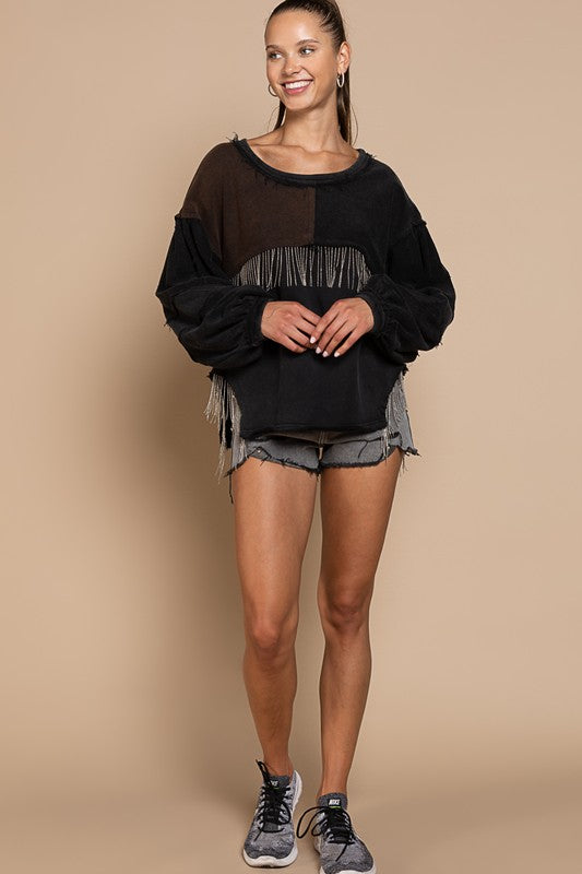 Metal Fringe Detailed French Terry Top