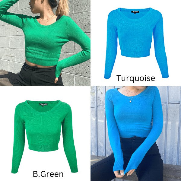 Round Neck Long Slv Crop Sweater Knit Crop Top