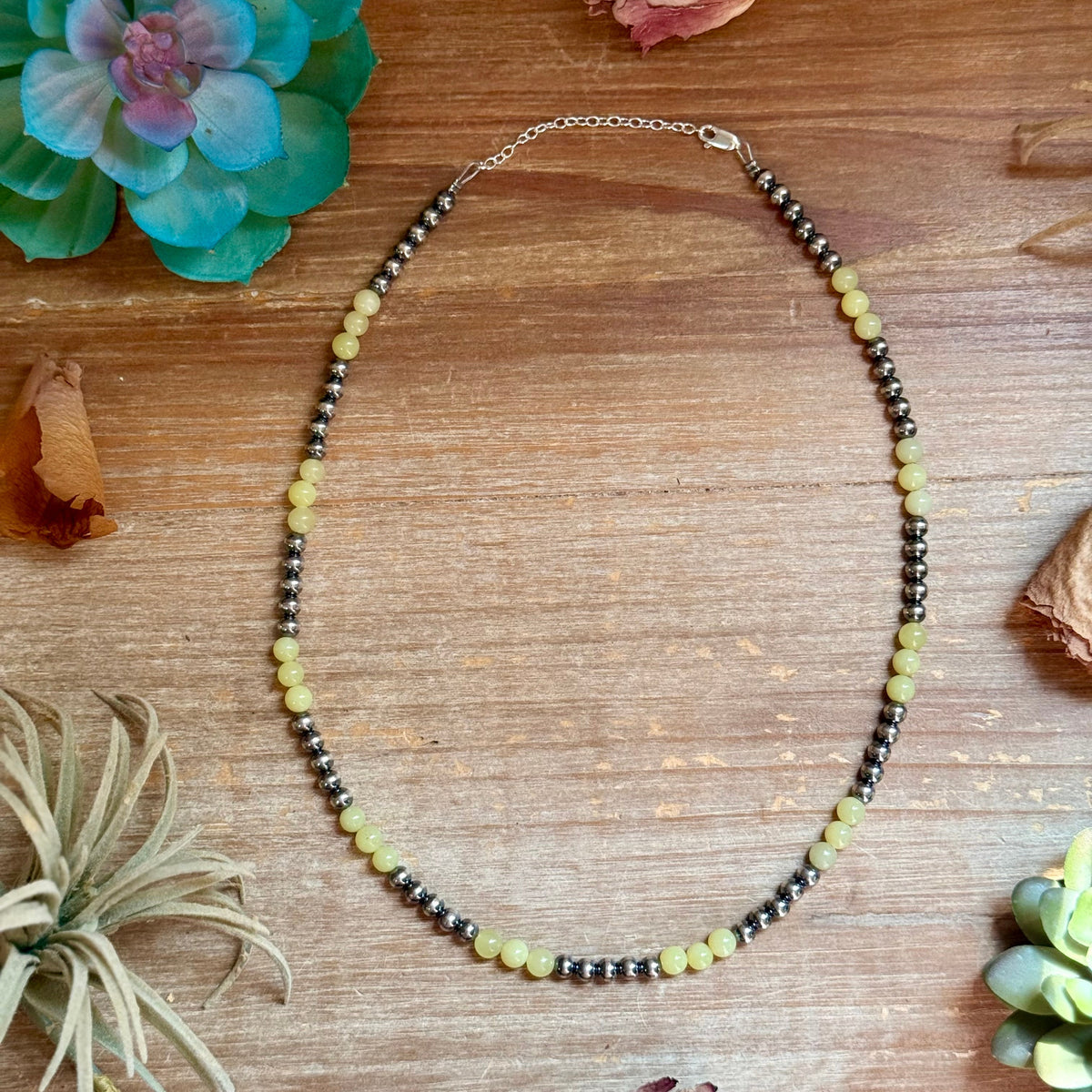 18-Inch Lemon Jade & Sterling Silver Pearl Necklace