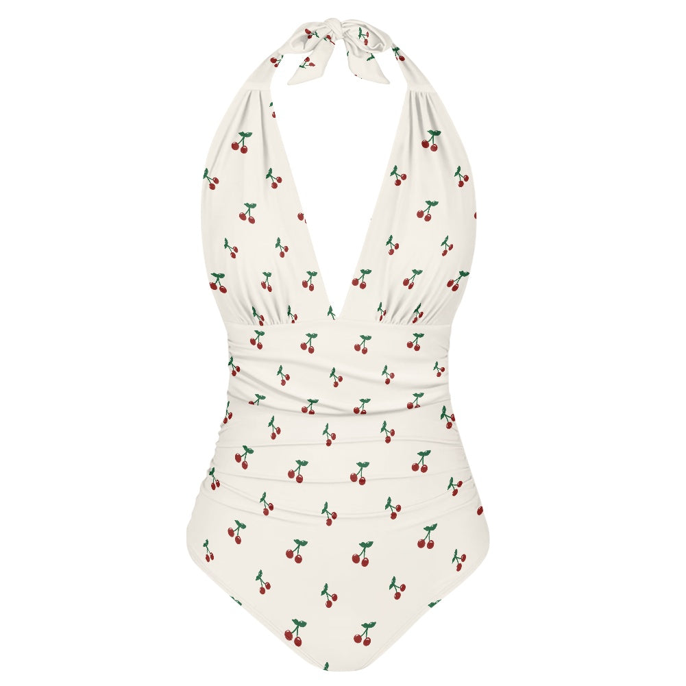 Cherry Print Women's High Cut One-piece Halter Swimsuit