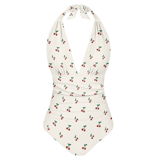 Cherry Print Women's High Cut One-piece Halter Swimsuit