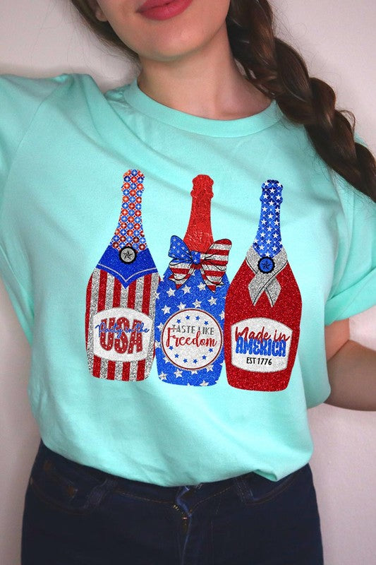 Faux Glitter Patriotic Champagne Graphic T Shirts