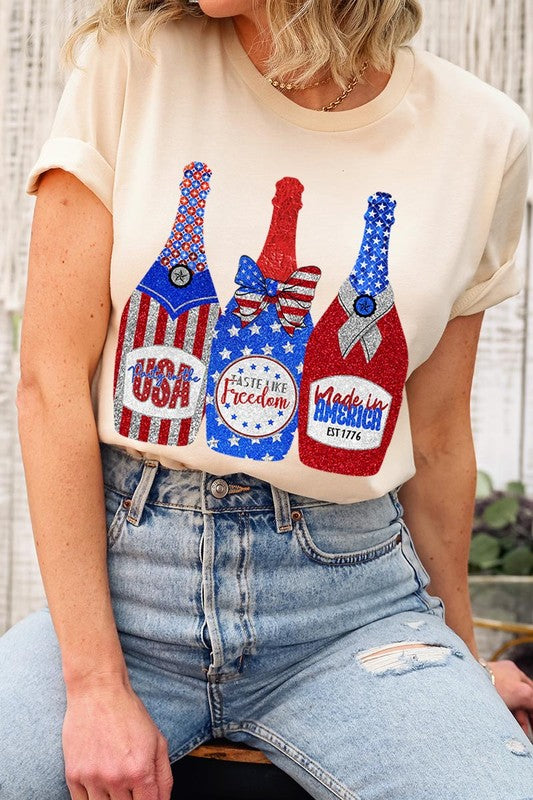 Faux Glitter Patriotic Champagne Graphic T Shirts