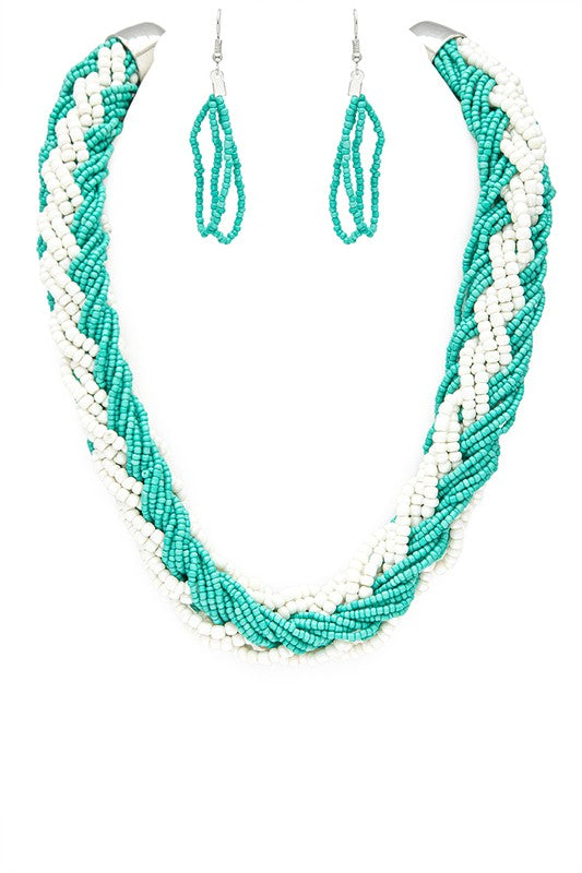 Braided Seed Beads Statement 2 Tone Necklace Set