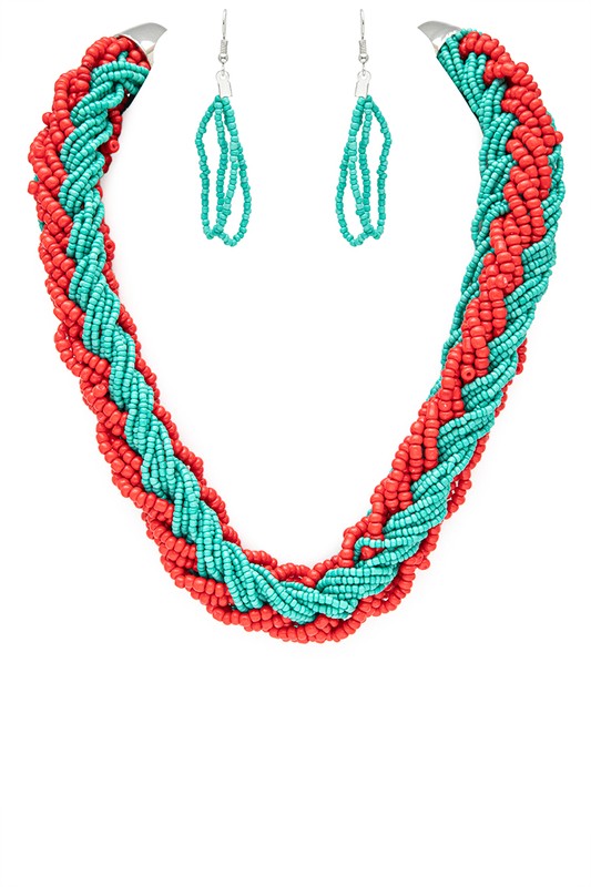 Braided Seed Beads Statement 2 Tone Necklace Set