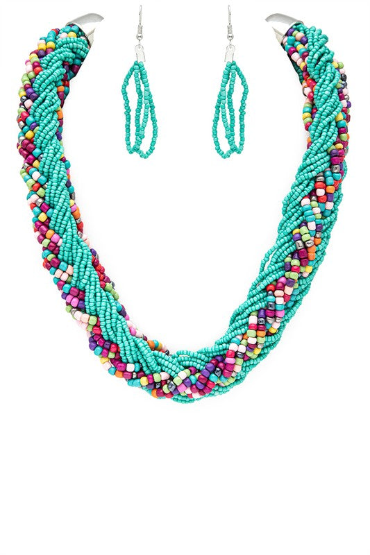 Braided Seed Beads Statement 2 Tone Necklace Set