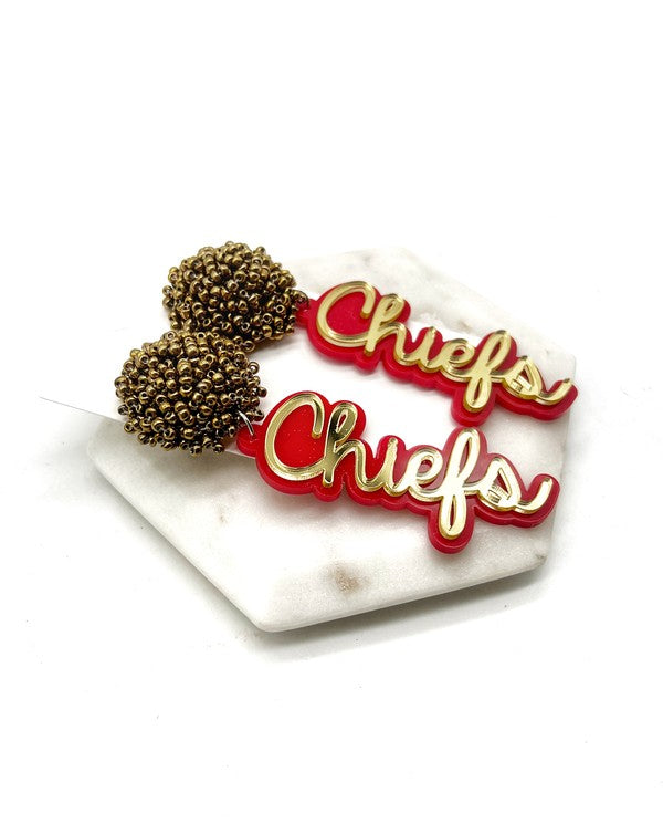 Kansas City Chiefs Pom Gold Red Football Earrings