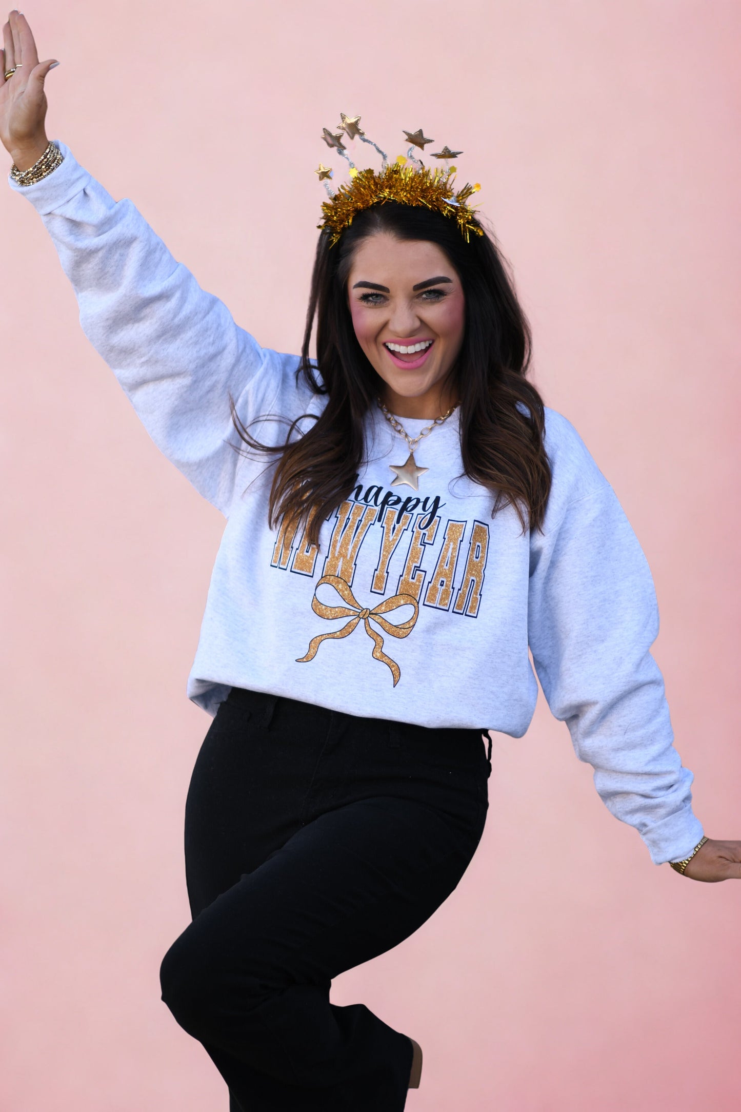 Happy New Year Faux Glitter Bow Sweatshirt