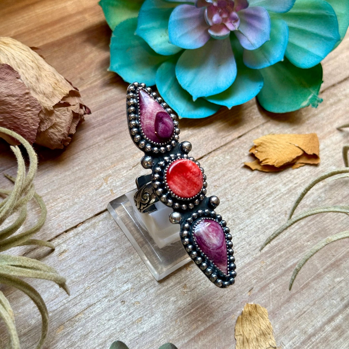 MJ Ring Three-Stone Purple & Red Spiny Oyster Sterling Silver