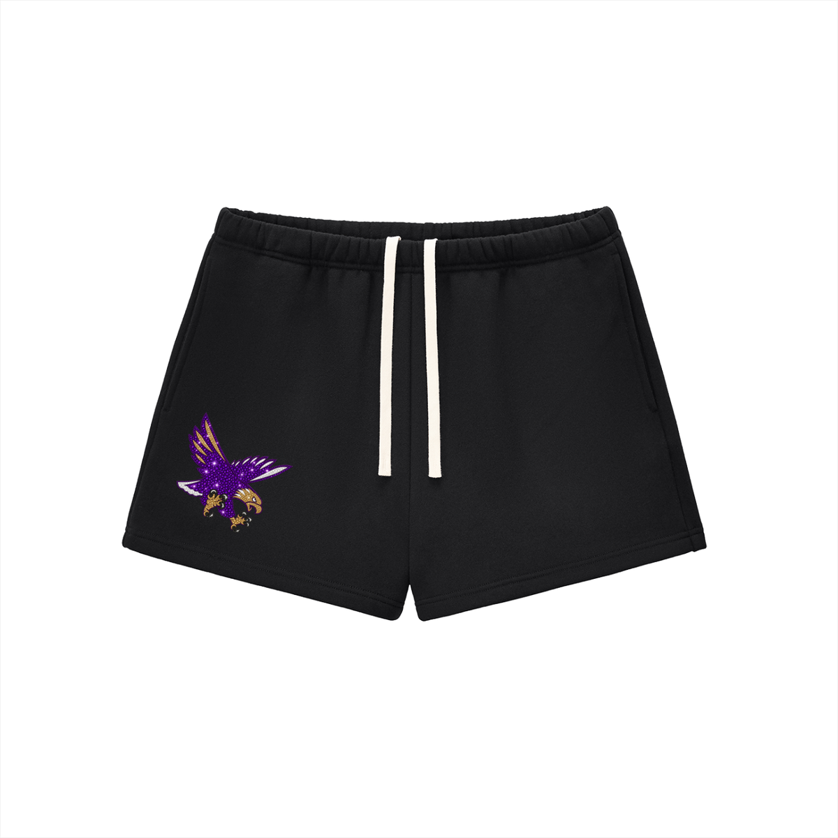 Eagles,mascot,bedazzled,exclusive,purple,gold,shorts