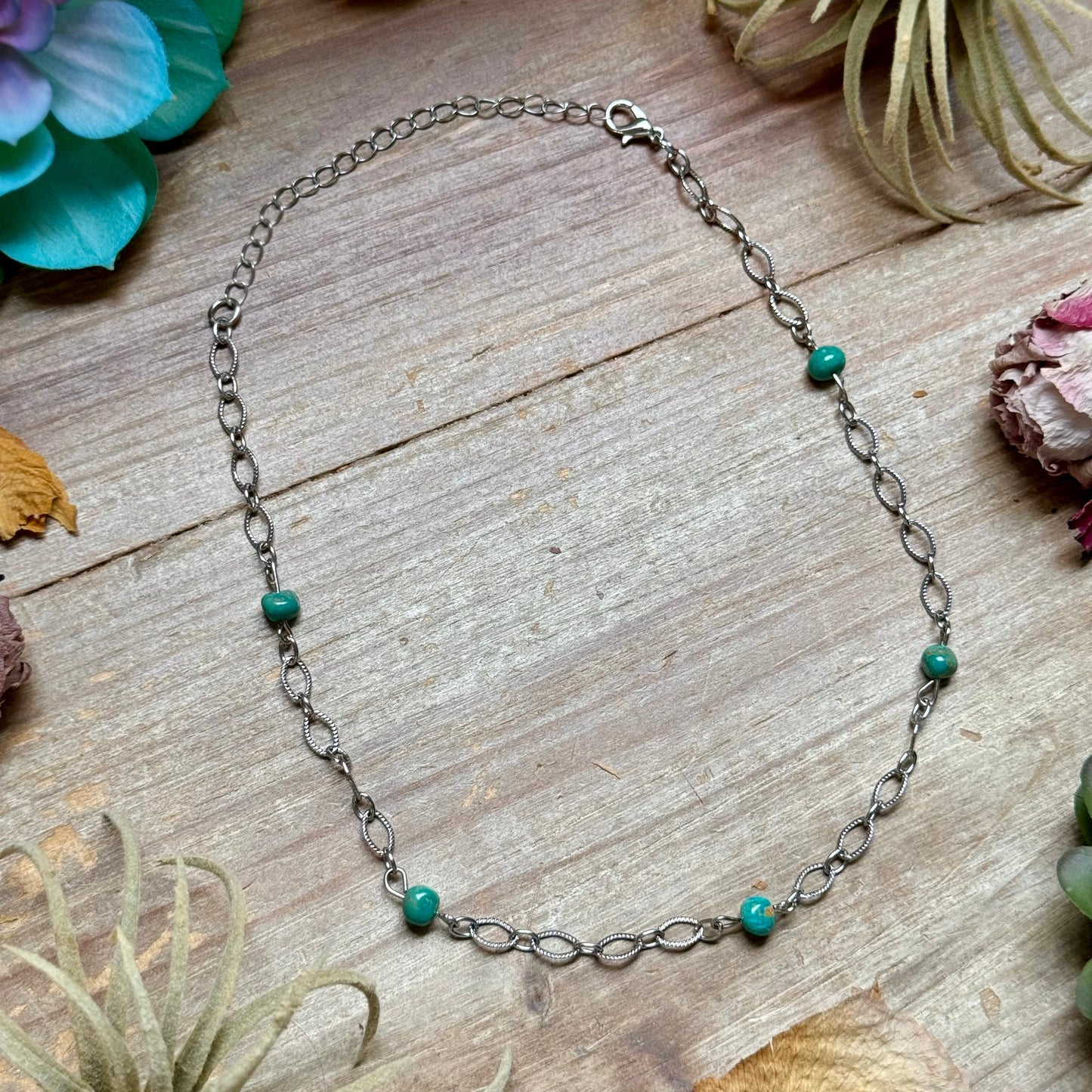 Turquoise Chain Necklace – 14" – Silver Plated