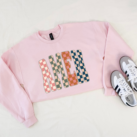 AMEN Pink Checkered Faith Sweatshirt | Gildan