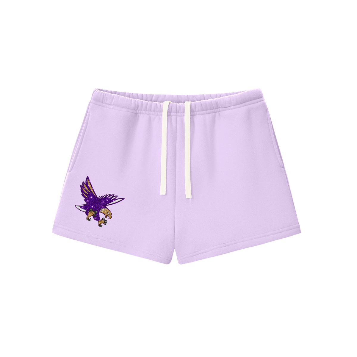Eagles,mascot,bedazzled,exclusive,purple,gold,shorts