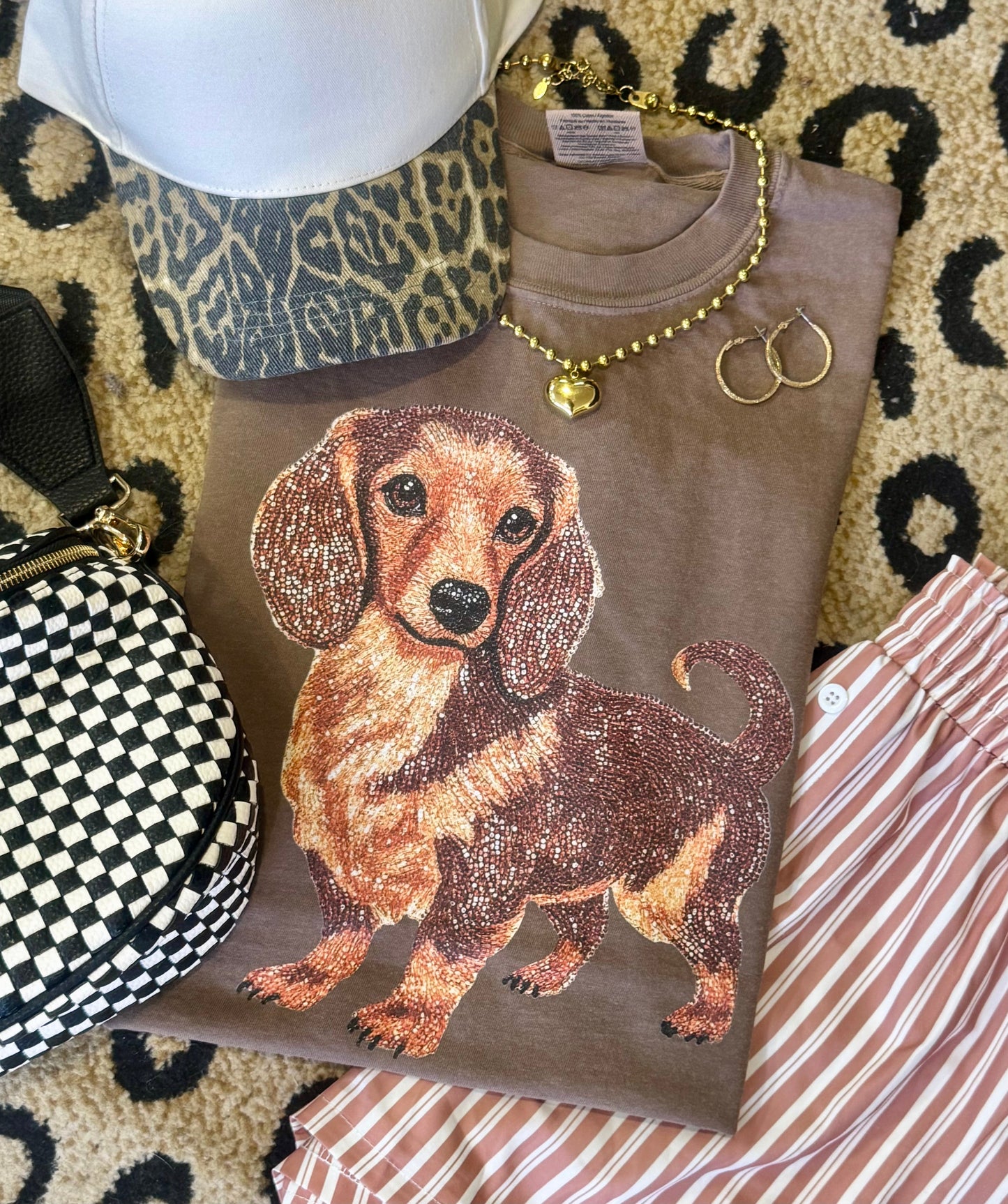 Long Hair Daschund Faux Rhinestone Dog Tee