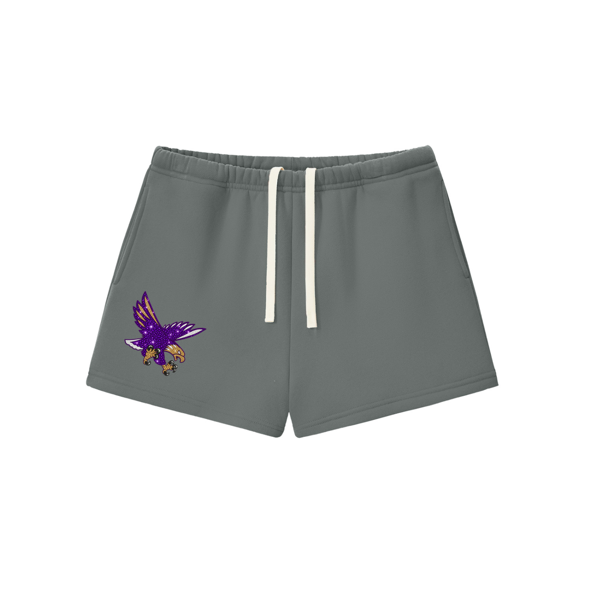 Eagles,mascot,bedazzled,exclusive,purple,gold,shorts