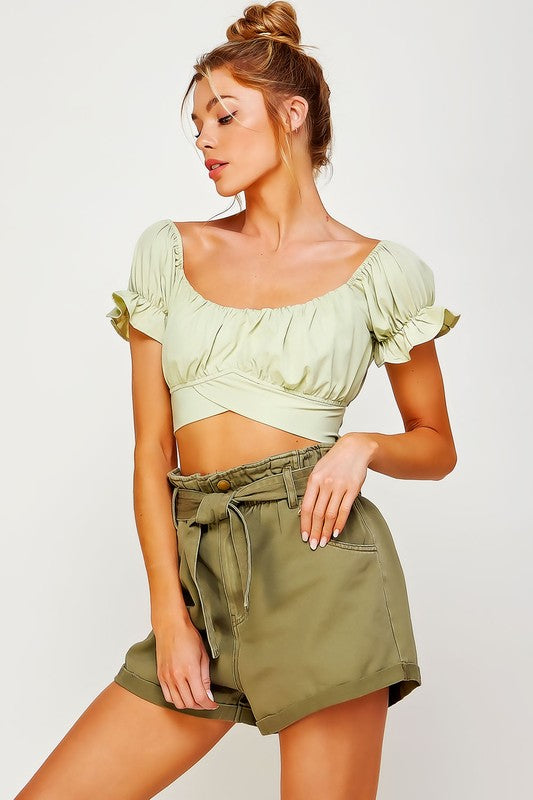 OFF SHOULDER PLEATED CROP TOP WITH BACK RIBBON TIE