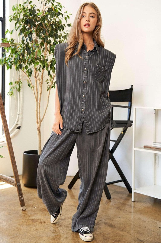 Stripe Button Down Shirt and Long Pants Set