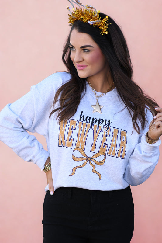 Happy New Year Faux Glitter Bow Sweatshirt
