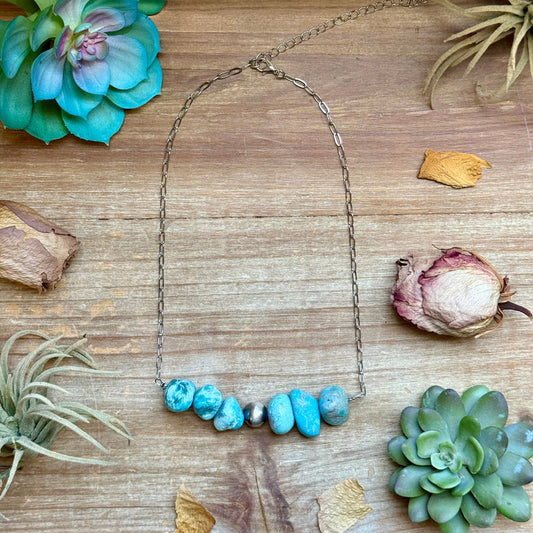 Chunky Turquoise & Sterling Silver Pearl Paperclip Necklace