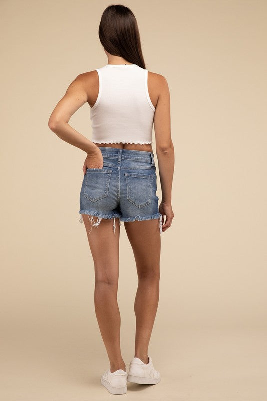 Mid Rise Raw Frayed Hem Denim Shorts