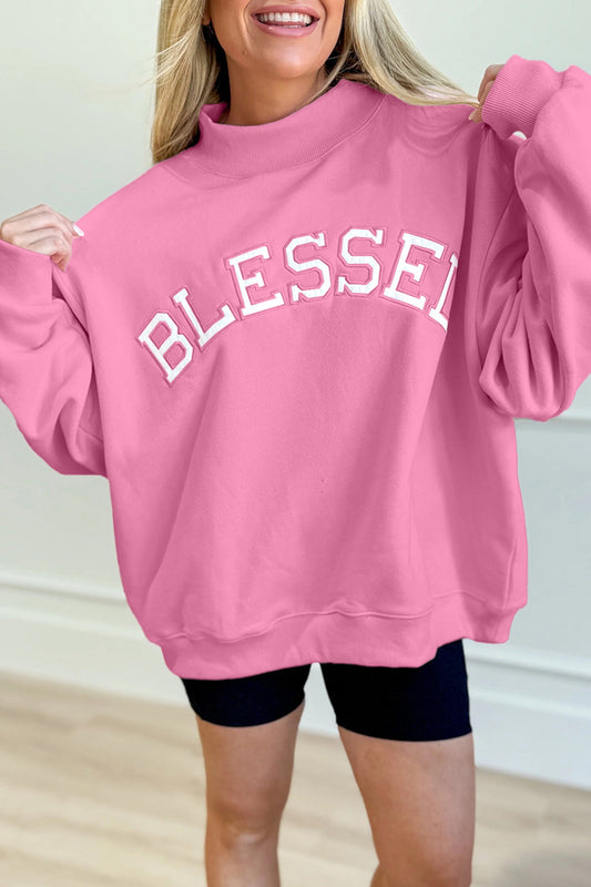 PRE ORDER Bright Pink Oversize Blessed Embroidered Mock Neck Sweatshirt/ ETA 1/18