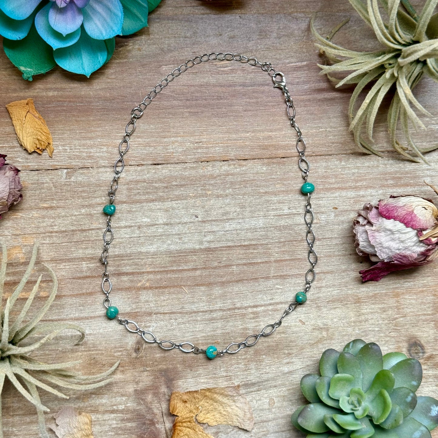 Turquoise Chain Necklace – 14" – Silver Plated