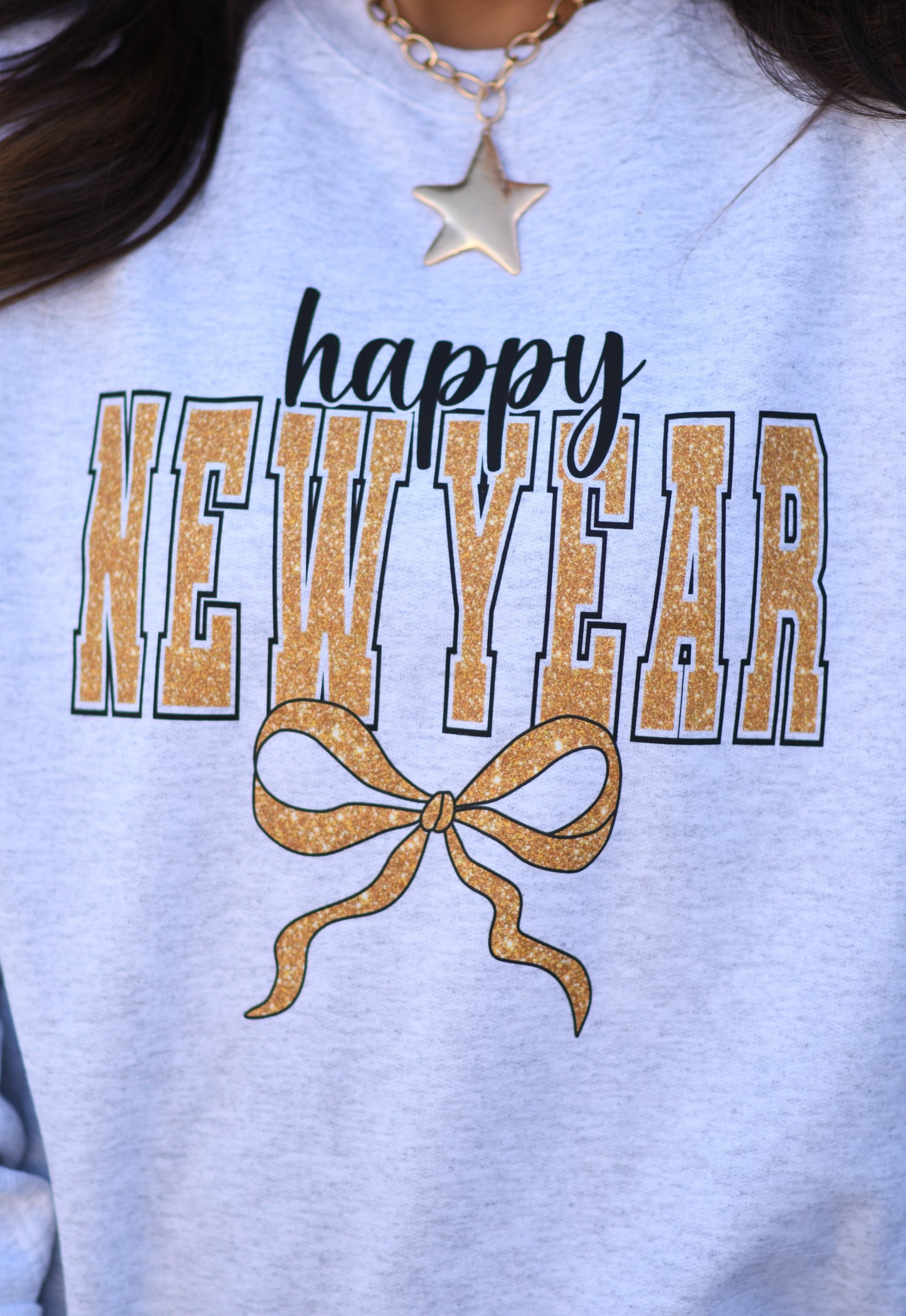 Happy New Year Faux Glitter Bow Sweatshirt