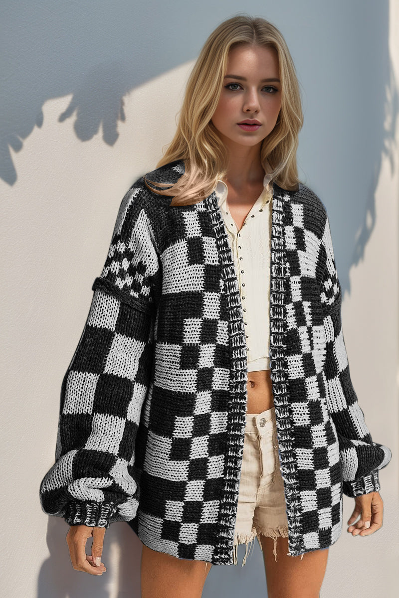 Double Take Full Size Open Front Checkered Drop Shoulder Cardigan