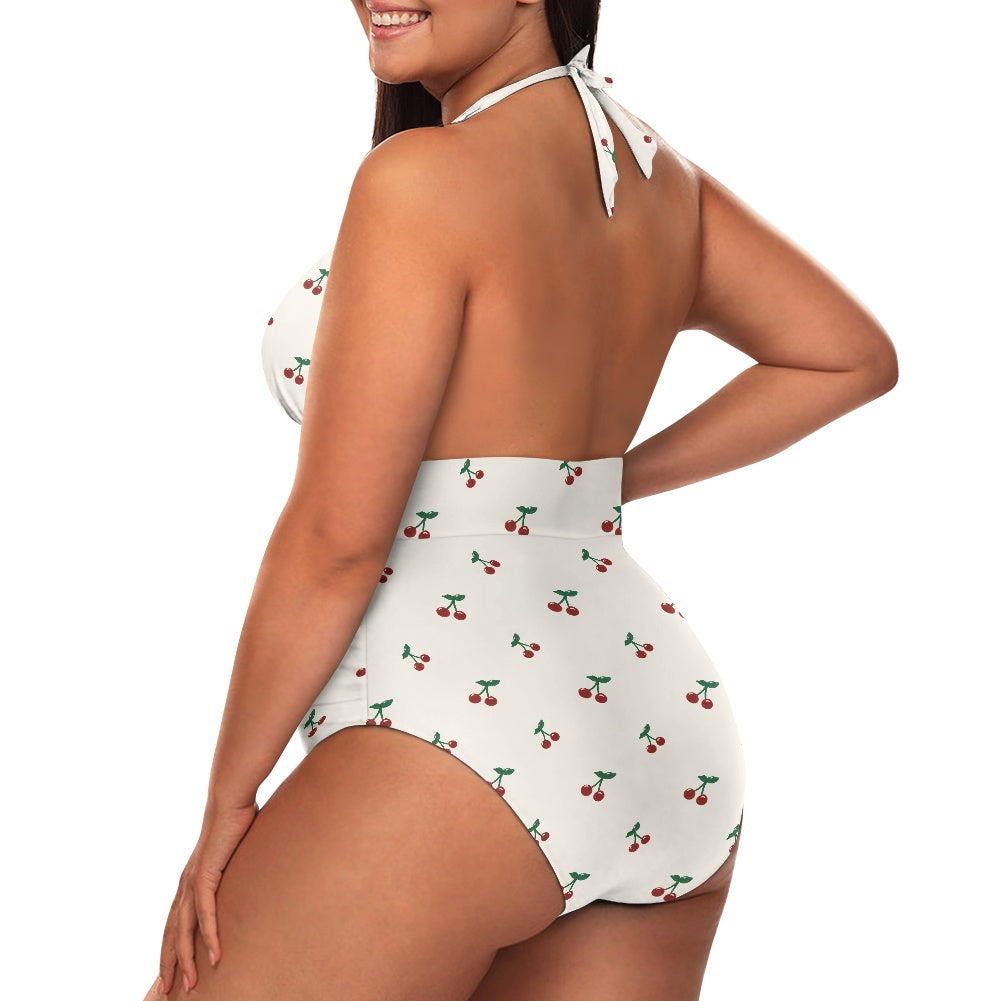 Cherry Print Women's High Cut One-piece Halter Swimsuit