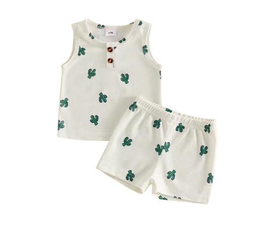 Cream Waffle Knit Embroidered Cactus Short Set