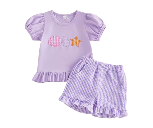 Purple Beachy Sea Shell Seersucker Short Set